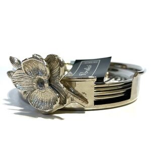Verdici Design Silver Tone Flower Coaster Holder 4 Coasters Floral Shiny Italian